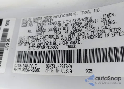 2014 Toyota Tundra Sr5 5.7L V8 from USA, damaged, VIN 5TFEY5F18EX159990